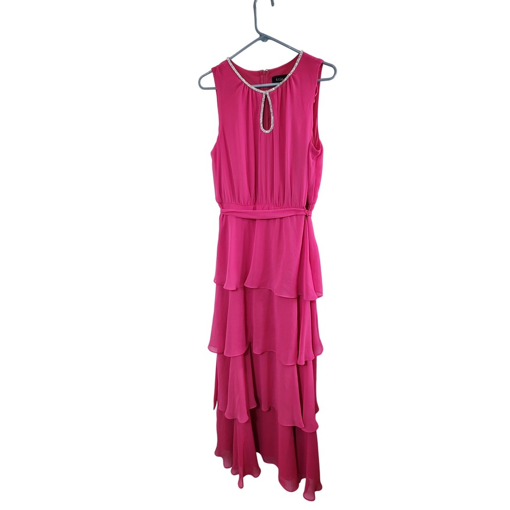 MSK‎ Pink Sleeveless Tiered Chiffon Maxi Dress Rhinestone Keyhole Neck Size L